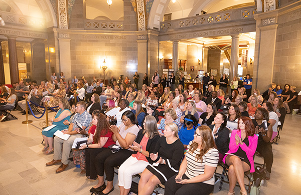 Early childhood administrators listen to guest speakers from the Missouri Department of Education, the governor's office and the State Chamber of Commerce as part of the recognition ceremony. 